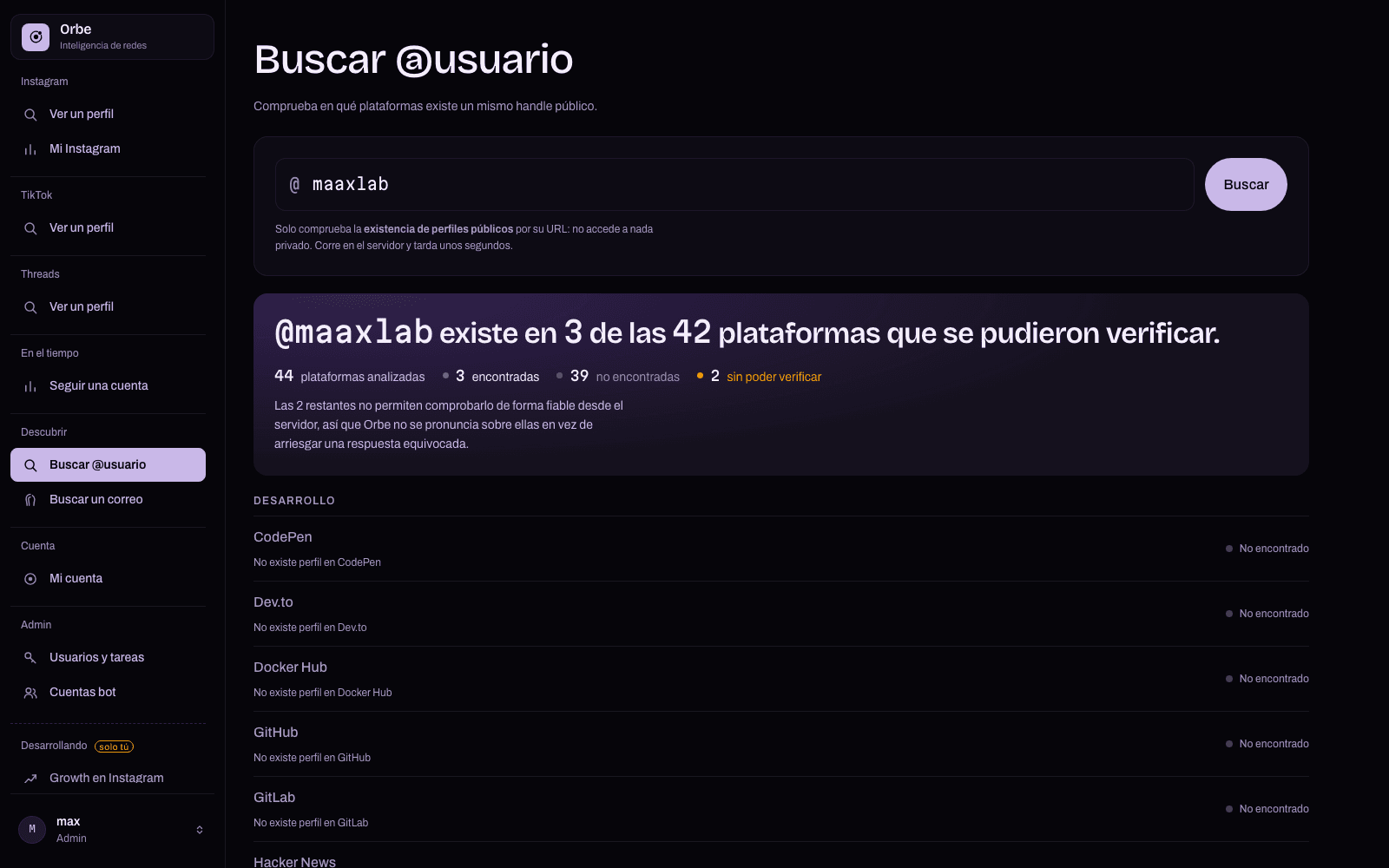 Captura del proyecto Orbe — Analizador de redes sociales